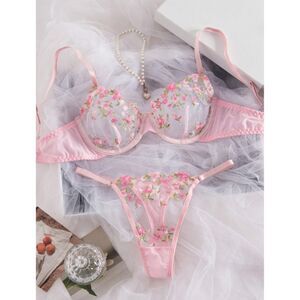 Large Pink Floral Embroidered Mesh Underwire Bra And Thong Lingerie Set